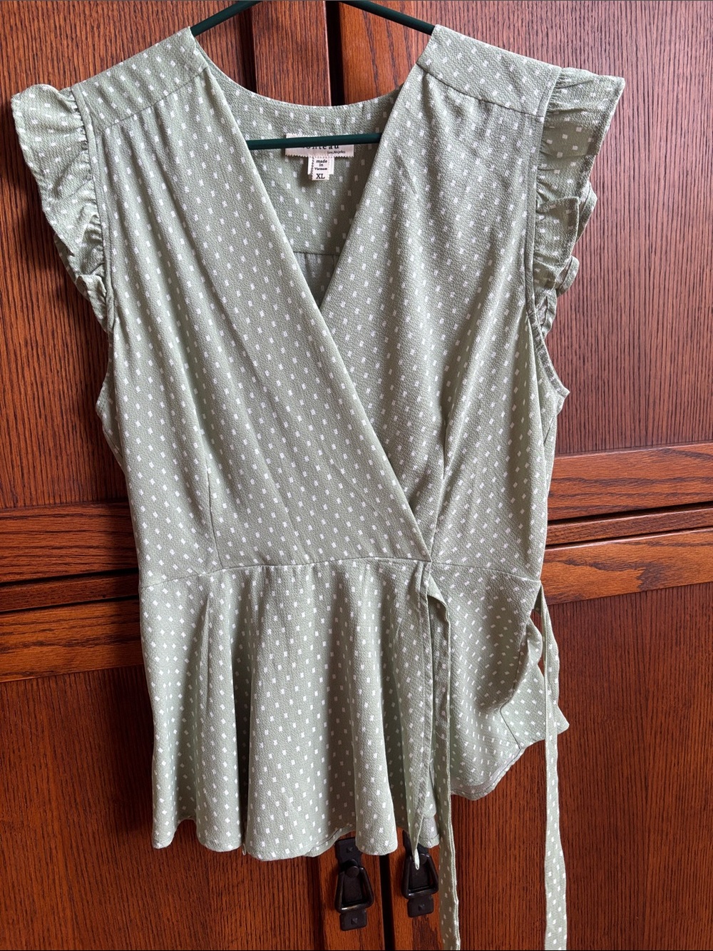 Monteau Sage Green Wrap Peplum Blouse with White Dot Print